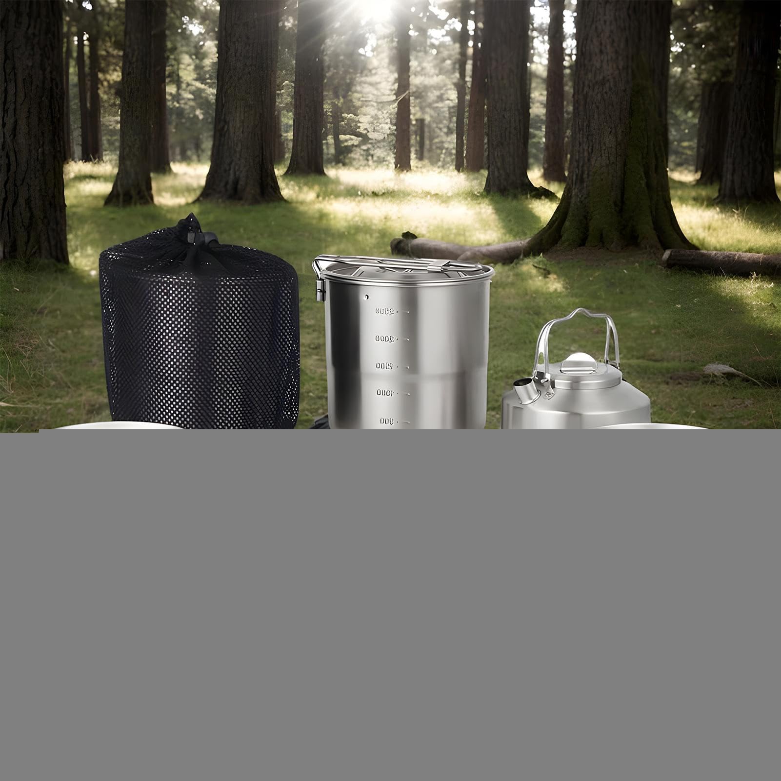 Camping Kochset Lagerfeuer Kochgeschirr Kit Leichte Überlebensausrüstung Tragbare Outdoor-Ausrüstung für Familie Rasen Wandern Erwachsene Reise Picknick Rucksackreisen Edelstahl