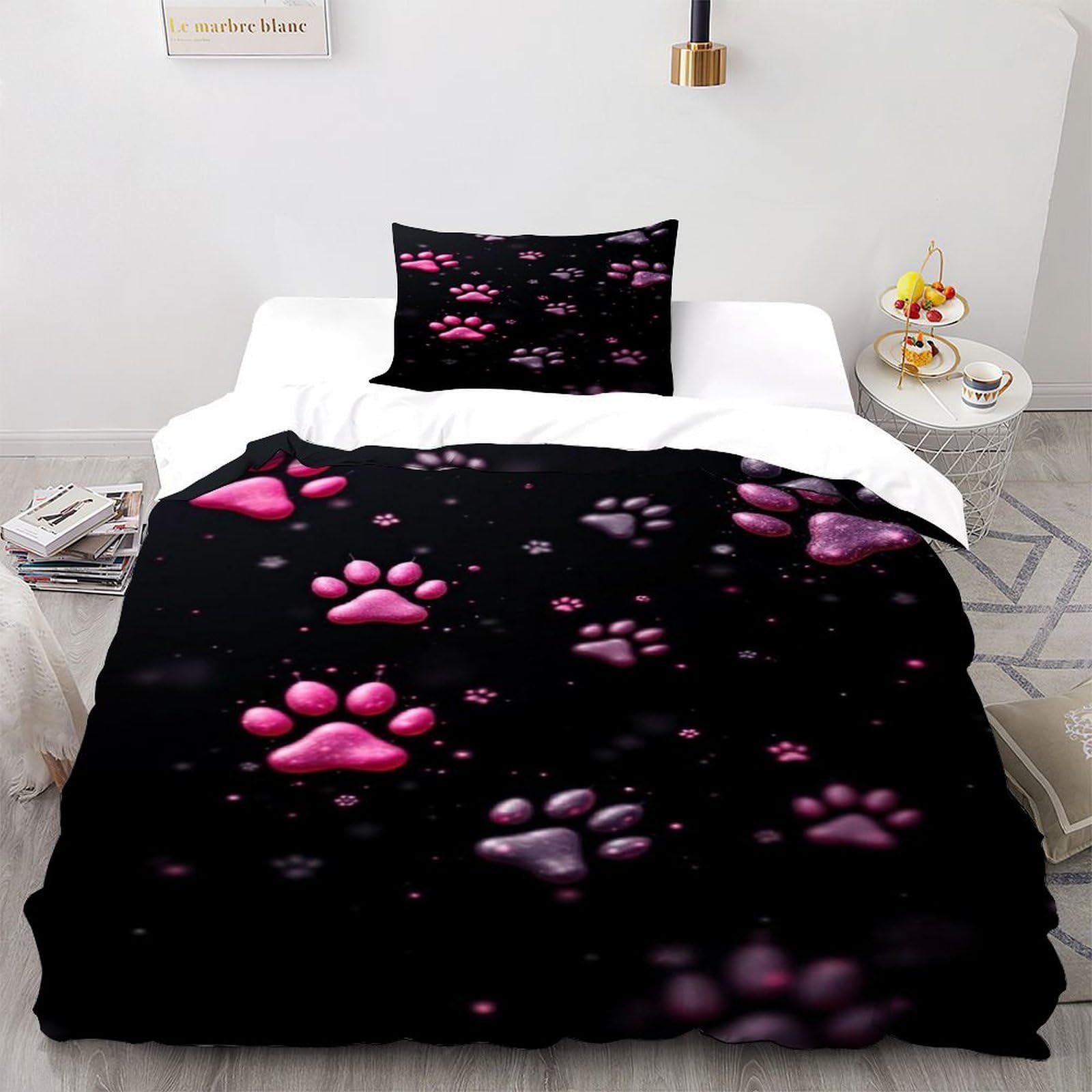 Housse de couette rose à empreintes de pattes pour créer un nid douillet et cosy dans sa chambre