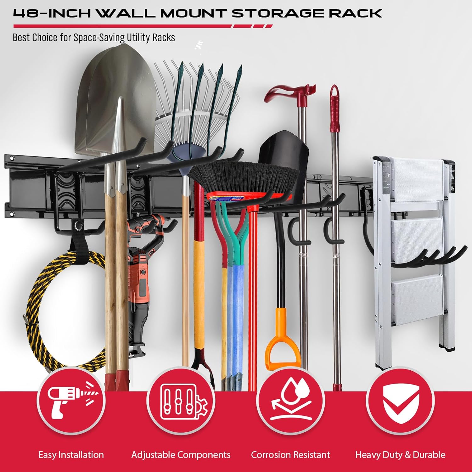 SEDY 48" Heavy Duty Garage Wall Organizer, Wall Mount Tool Storage Rack with Adjustable Hooks, Garden Tool Organizer Hold Up to 300lbs, Easy Installation (8 Hooks, 3 Rails, 3 Straps)