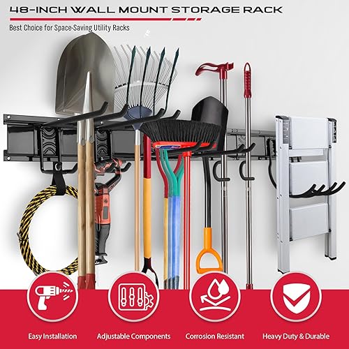 Miniatura 6 de SEDY Organizador de pared de garaje resistente de 48 pulgadas, estante de almacenamiento de herramientas de montaje en pared con ganchos ajustables,