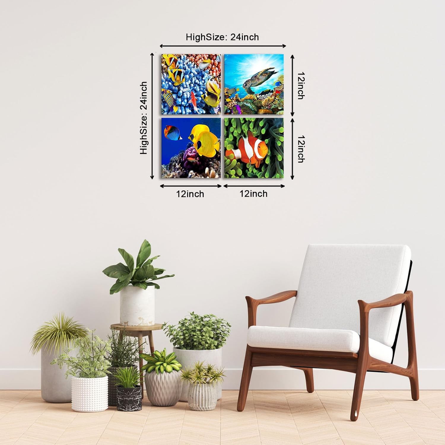 Canvas Wall Art For Living Room, 4 PCS Blue Ocean Theme Fish Sea World Painting Beach Wall Art Pictures Prints Posters Modern Framed Ready for Kids Room Bathroom Bedroom Decor to Hang