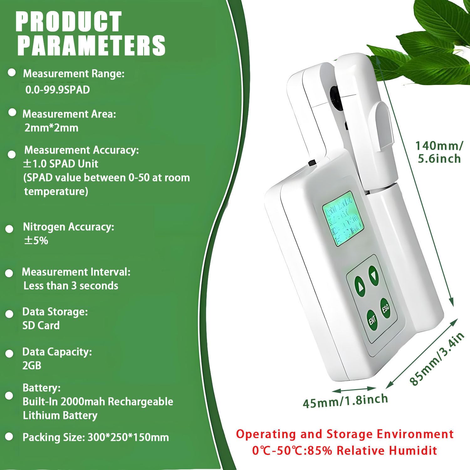 Analyseur de chlorophylle Portable, chlorophylle-mètre portatif, avec écran LCD, Zone de Mesure 2 * 2 mm, chlorophylle : 0,0-99,9 SPAD, pour Tester la chlorophylle des Plantes.