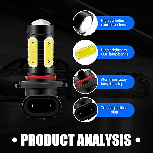 Miniatura 5 de Jewkot 2 luces antiniebla LED superbrillantes 9006 para automóvil, 0.7 x 2.4 x 0.98 pulgadas, 5 chips COB con lente de enfoque, cuerpo de lámpara de