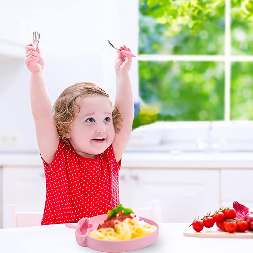 Miniatura 5 de Pinko Coral Juego de alimentación de bebé de silicona suave, suministros de destete para bebés, platos para bebés con succión dividida, juego de