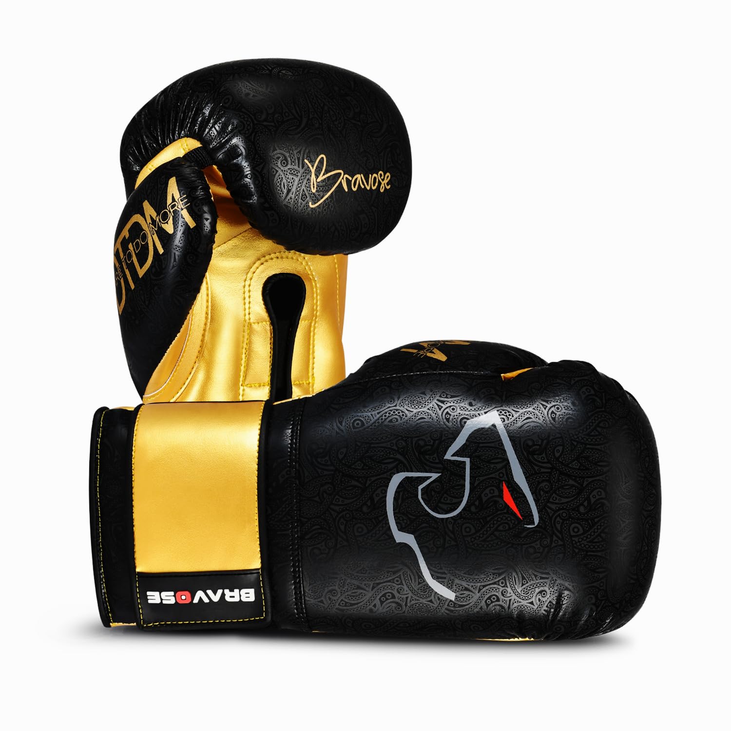 BravoseNemesis Black and Gold Premium Quality Boxing Gloves for Bag and Sparring - Back-Gold, 16 Oz