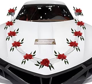 Artificial Wedding Car Decorations Kit with Suction Cups - Flowers, Bouquet, Ribbon Set - Artificial Rose Flowers for Car - Red