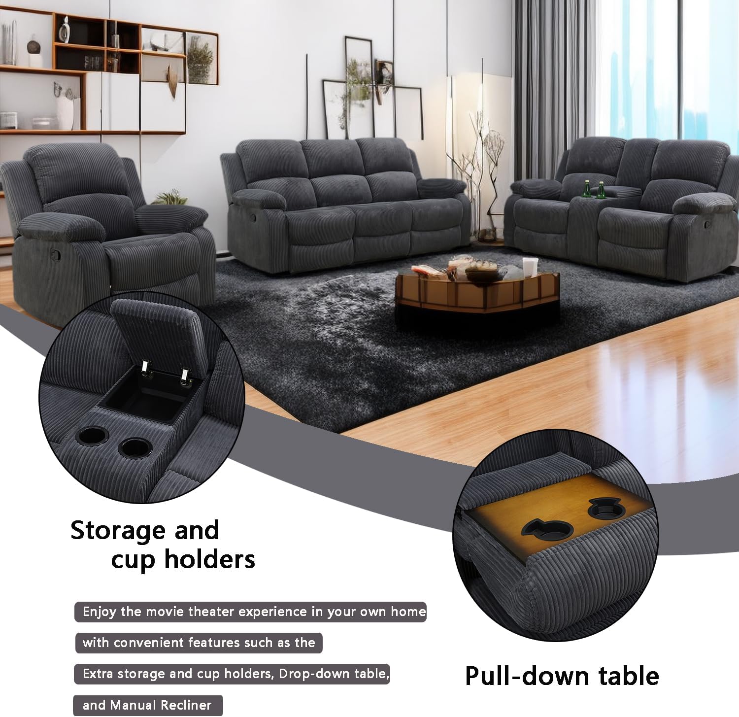 A Ainehome Living Room Furniture Set Recliner Sofa Set Loveseat Chair Furniture Sofa Set Grey Corduroy for Living Room/Rv/House/Theater Seating (A-Dark Grey Corduroy, 3 Piece Set)