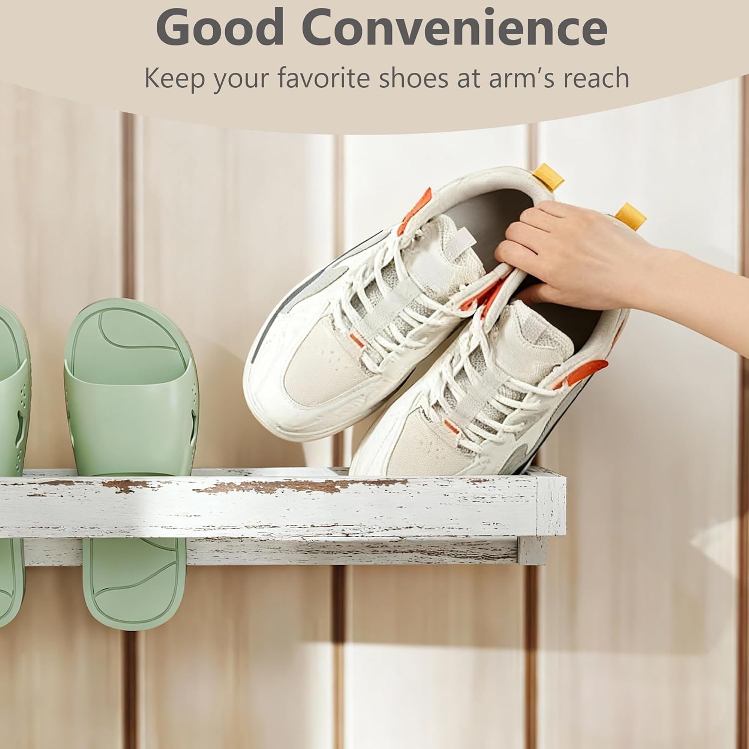 tonchean Wall Mounted Shoe Rack 30in, Solid Wood Hanging Shoe Organizer Storage Rack Shabby White Washed, Wooden Shoe Shelf Rack, Hanging Shoe Organizer Holder for Closet Mudroom RV Entryway, 4 pack