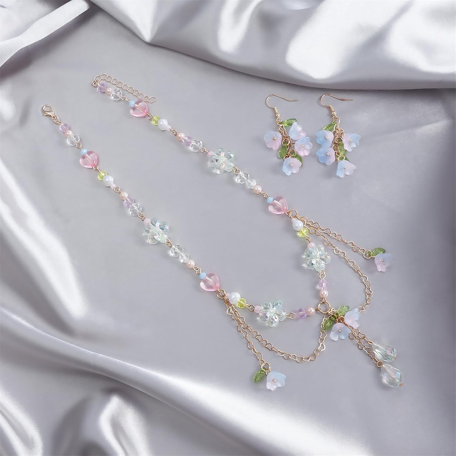 Dreuyet Y2K Lily of the Valley Earring Necklaces Set for Women Dainty Colorful Love Bead String Tassel Chain Necklace Sweet Valley Rose Flower Leaf Dangle Drop Earrings Bride Wedding Spring Summer Jewelry - Image 6