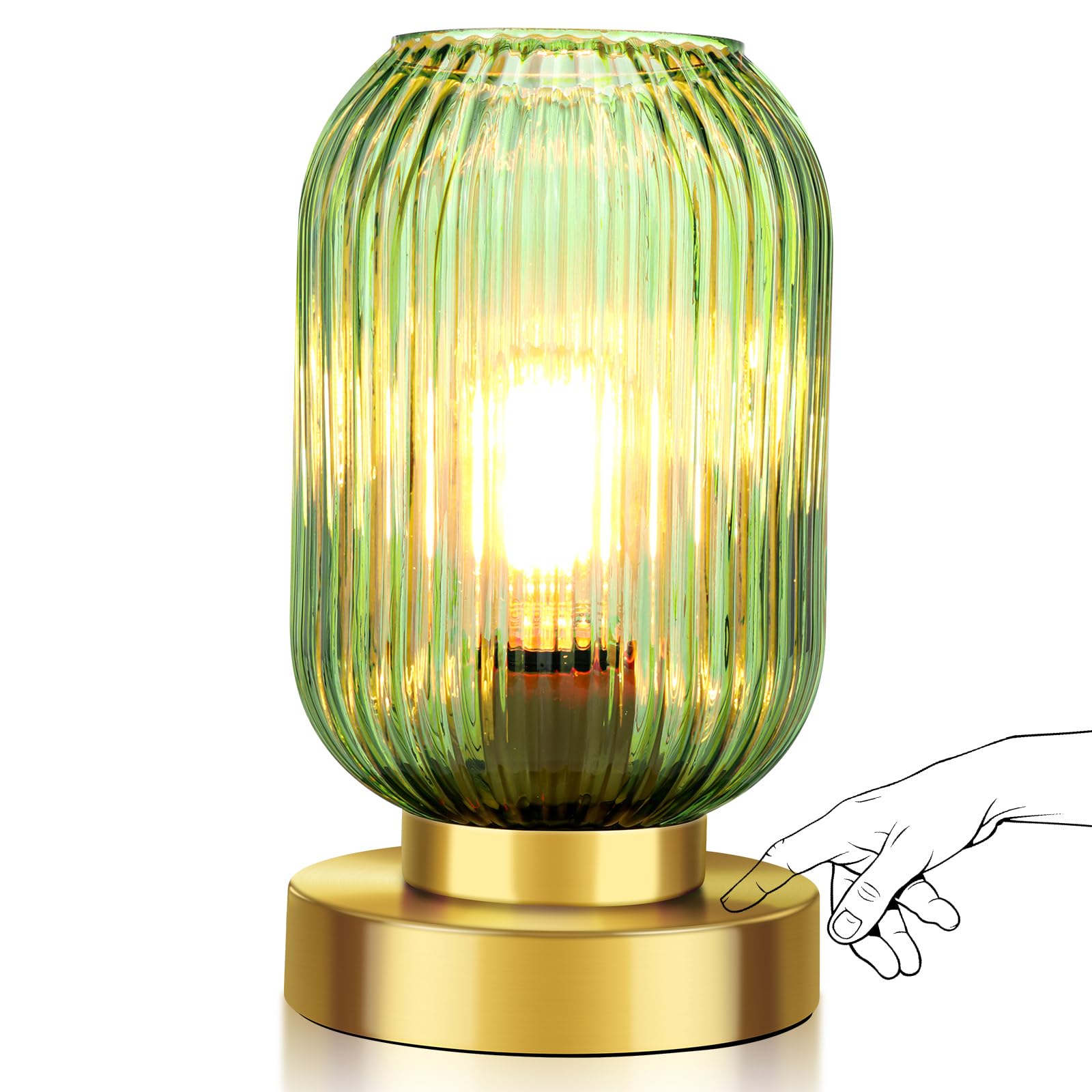 Touch Control Mid Century Modern Table Lamp,3 Way Dimmable Green Glass Table Lamp for Nightstand, Small Gold Table Lamp,Vintage Bedside Lamp for Bedroom Living Room Office