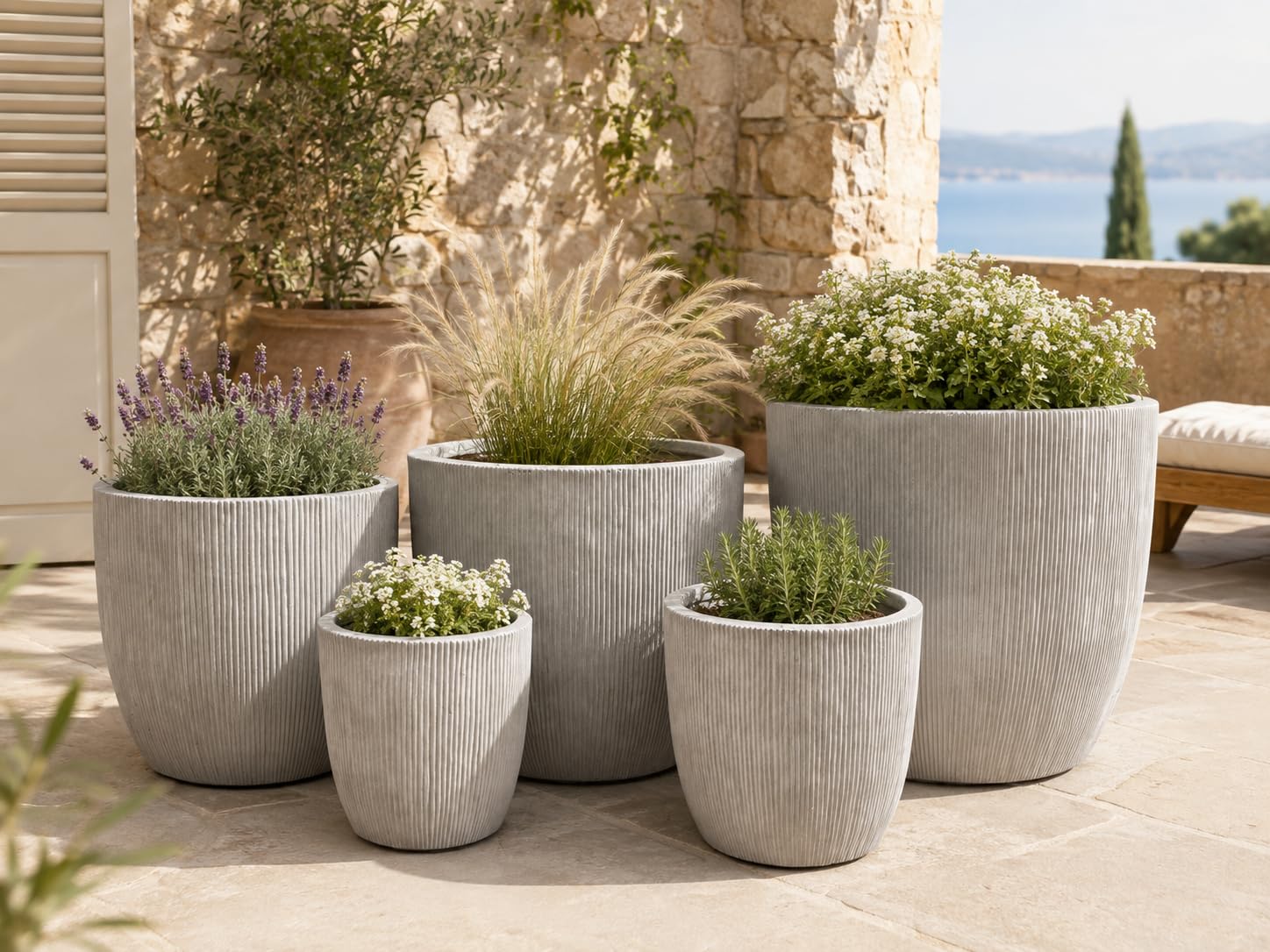Pflanzkübel Eggpot Sand Geriffelt aus Clay Fibre – Leicht Frostfest – Moderner Blumentopf für Garten Terrasse Balkon & Innenbereich (Ø53 cm)
