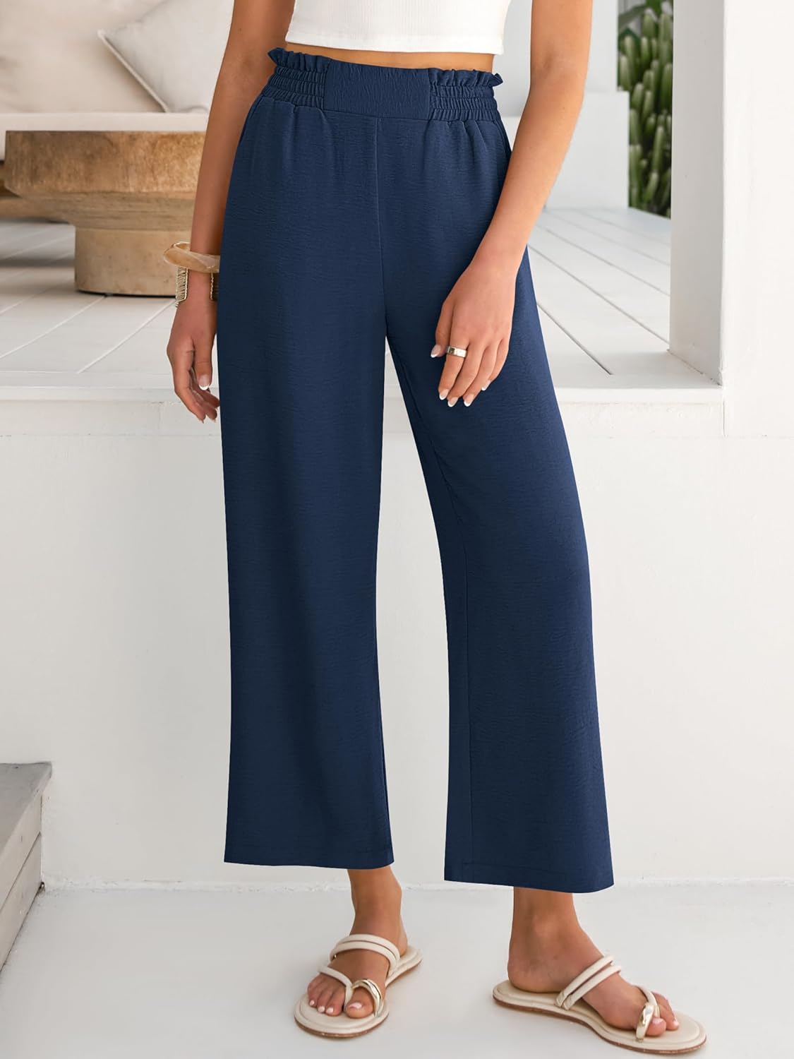 ANRABESS Womens Wide Leg Palazzo Pants Summer Beach High Waisted Cropped Flowy Pants 2026 Dressy Casual Trousers with Pockets - Image 2