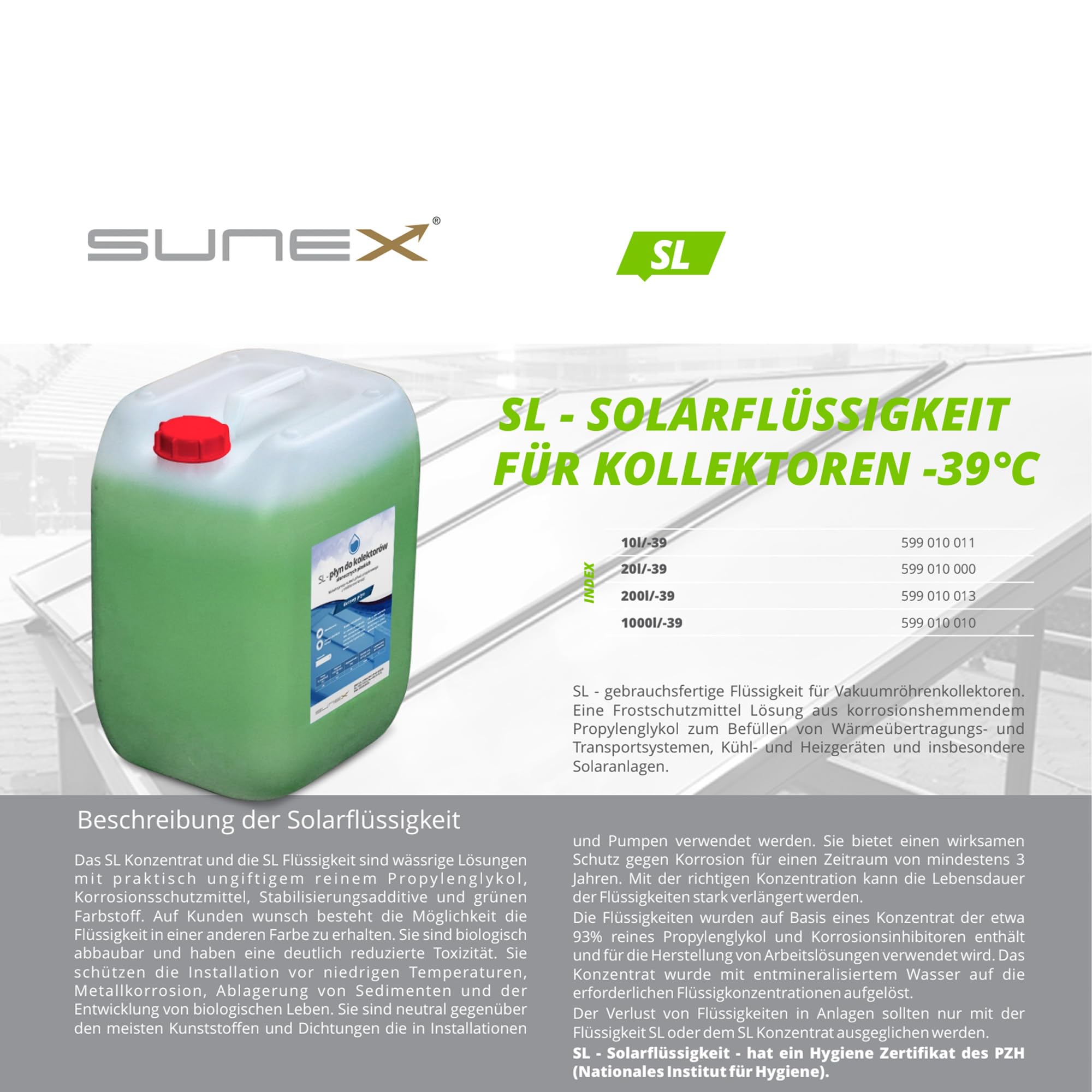 SUNEX Solarflüssigkeit 20L grün -39°C Frostschutz Propylenglykol Solarfluid Korrosionsschutz Wärmeträger