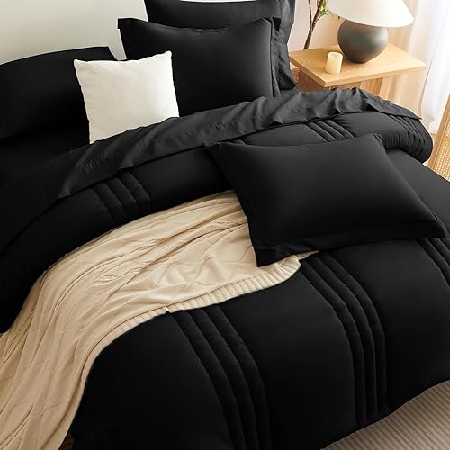 Miniatura 7 de CozyLux Juego de edredón Queen de 7 piezas, edredón negro tamaño Queen, juego de cama suave con edredón, sábanas, fundas de almohada y fundas de