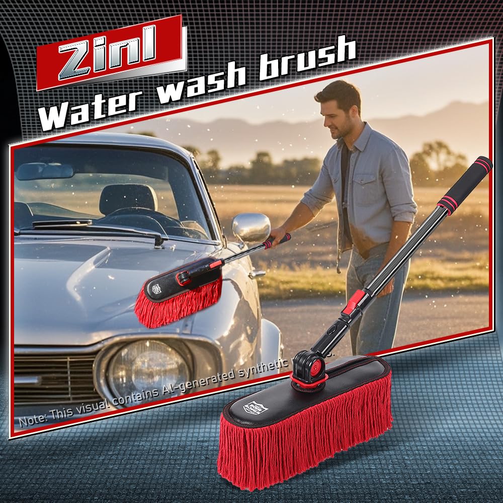 Cepillo y plumero 2 en 1 para exterior de coche, 1 trapeador de chenilla para lavado de coche, 1 trapeador de algodón encerado, elimina el polvo, cambia libremente un poste de acero negro retráctil,