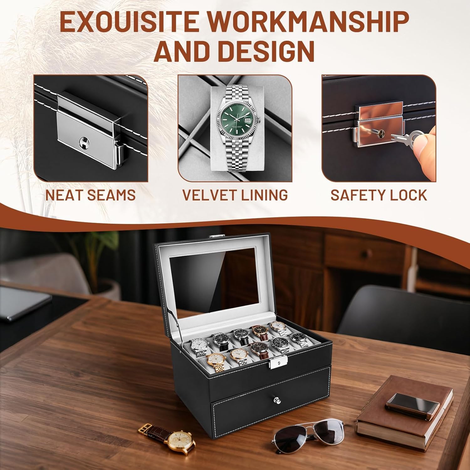 Caja de Relojes con Dos Capas, Estuche Relojero Organizador, Tapa de Cristal, PU Negro