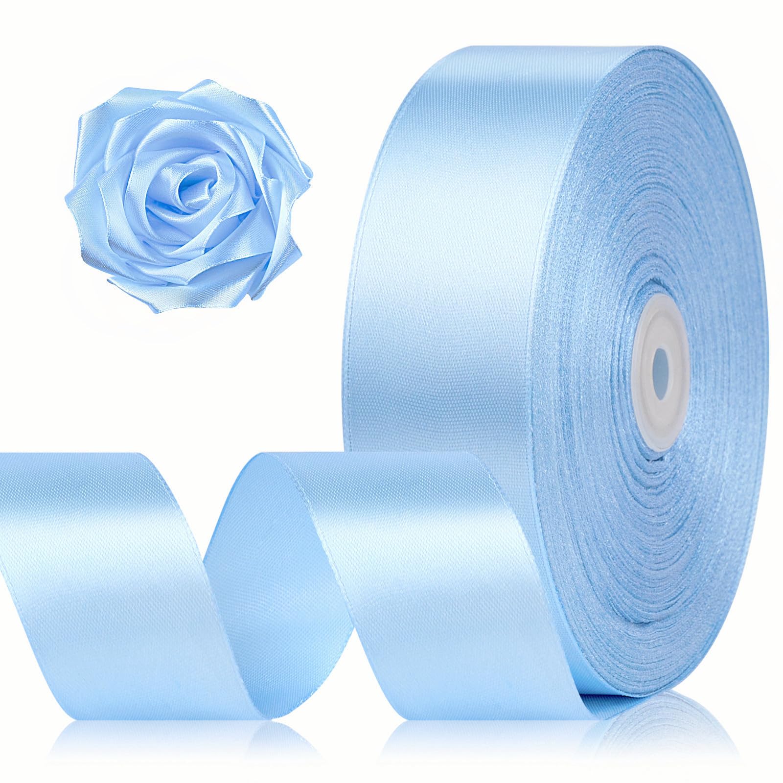 Photo 1 of 1-1/2 Inch 100 Yards Sky Blue Satin Ribbon, Solid Fabric Ribbon Roll for Flower Bouquet, Gift Wrapping, Roses Making, Handmade Crafts