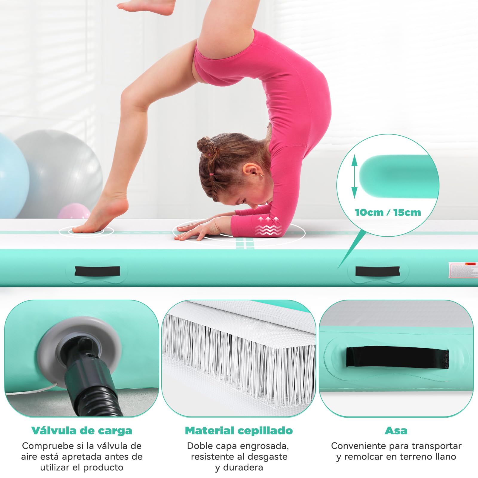Colchoneta Gimnasia 2/3/4/5/6m Espesor 10/15cm con Bomba de Aire 600W,Tapiz Gimnasia Ritmica,Colchon Inflable,Tumbling Mat para Gimnasia, Exterior, Fitness, Yoga,Deporte