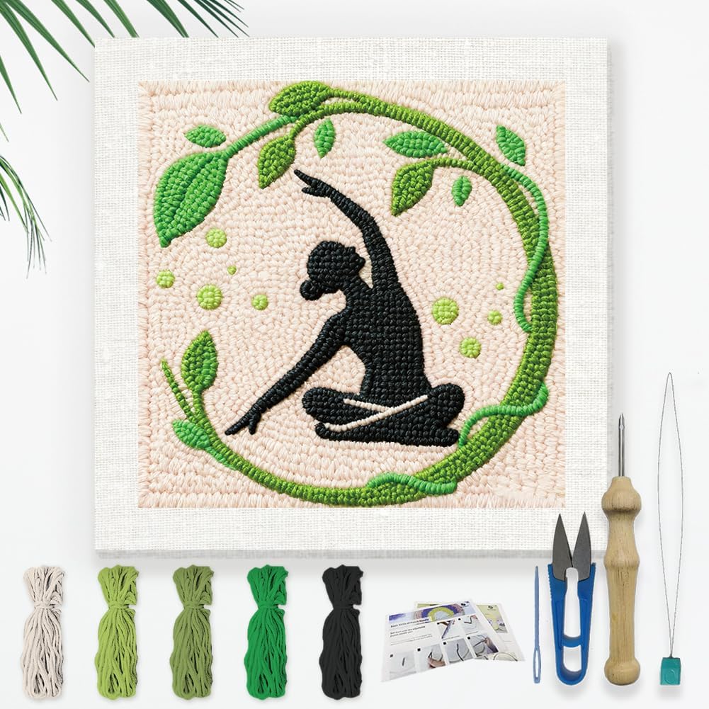 DOODLREAM Zen Yoga DIY Punch Needle Embroidery Kit for Adult Beginner, 9.4″ Yoga Meditation Leaf Punch Stitching Craft Set for Starter with Frame,Fabric Pattern,Threader, Yarn, Pinch Needle