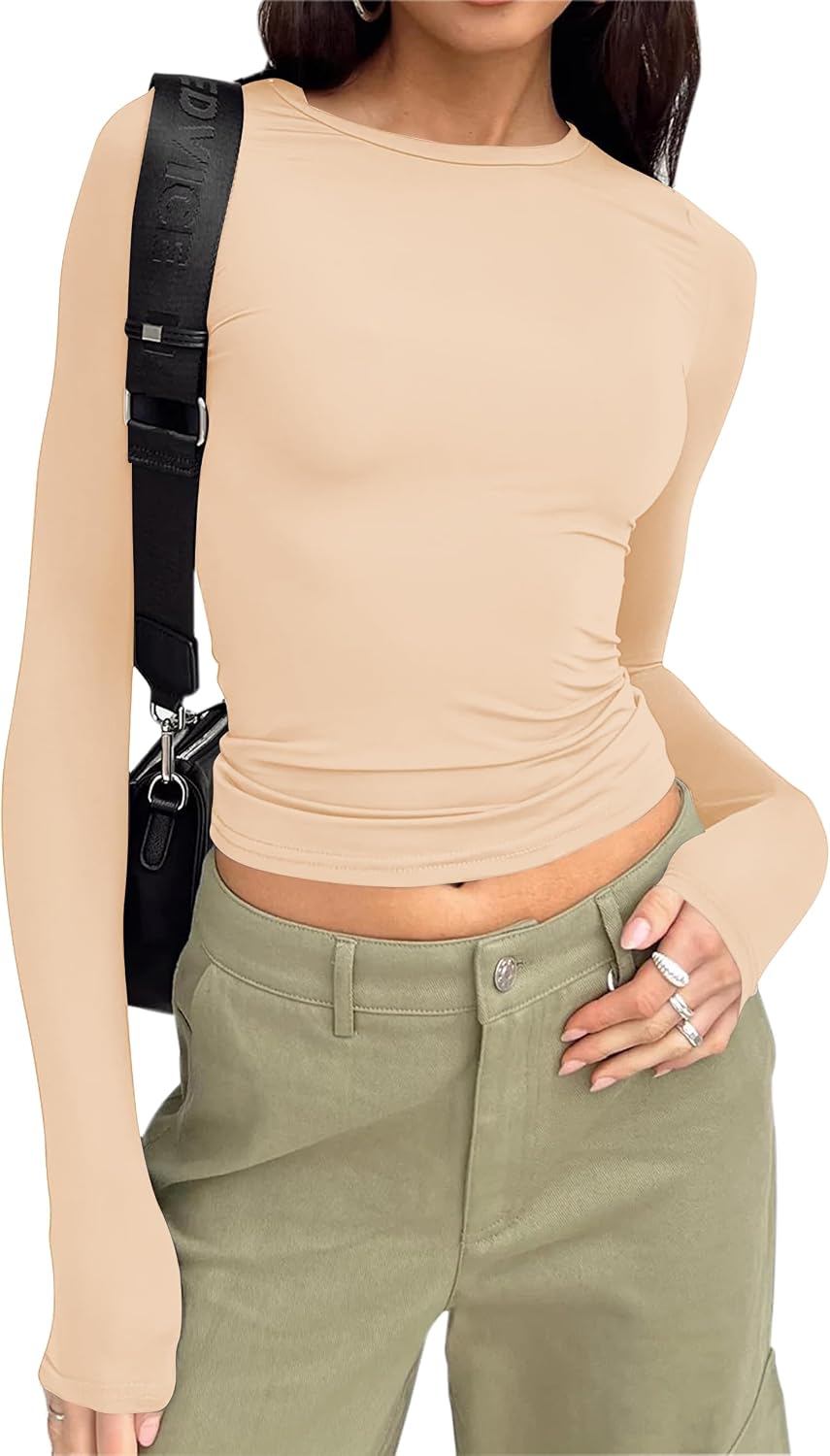 Cioatin Women’s Long Sleeve Round Neck Crop Top Tee Shirt Basic Solid Y2K Tight Slim Fit Cropped Shirt Workout Yoga