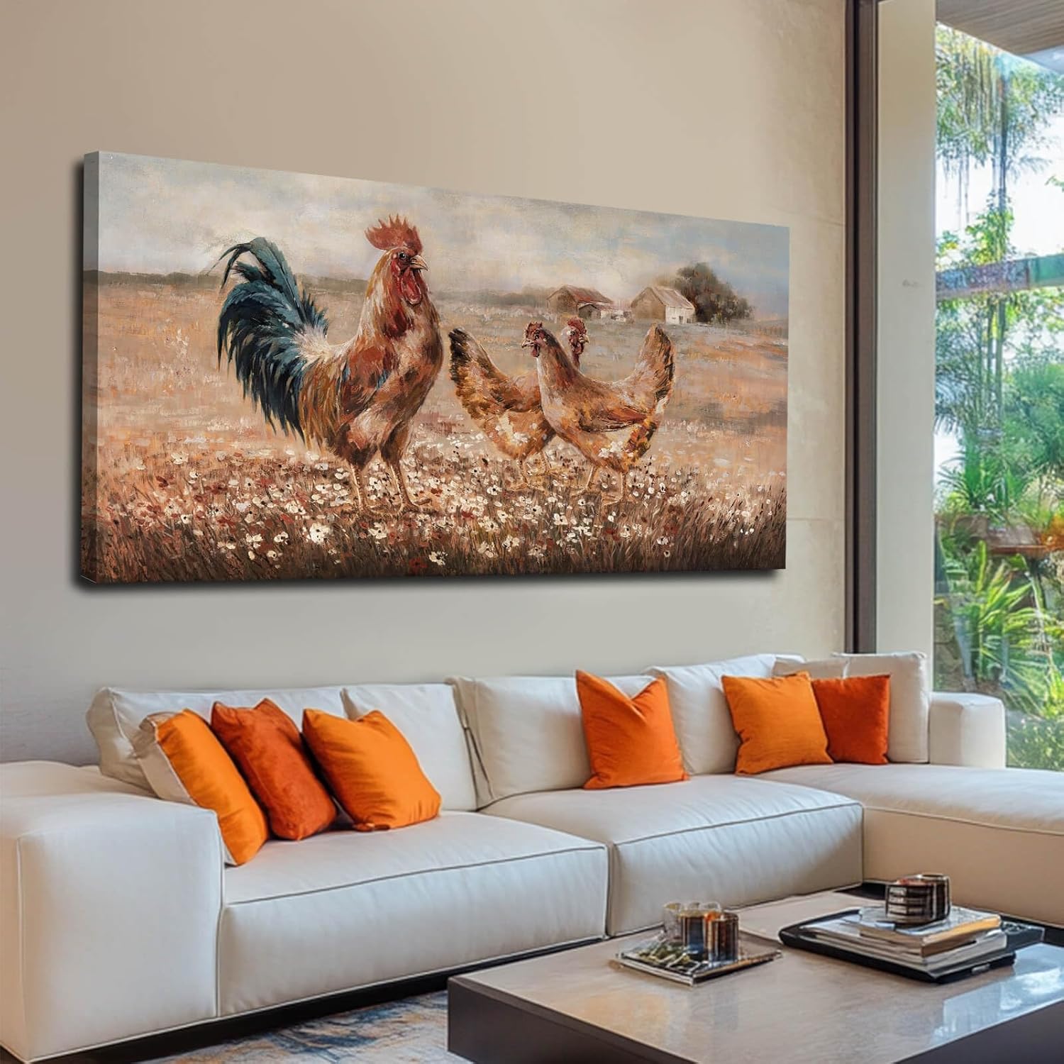 Chicken Pictures Wall Art Flower Pictures Wall Artwork Brown Wall Decorations for Living Room Dining Room Office 29×58 Inches Ready To Hang