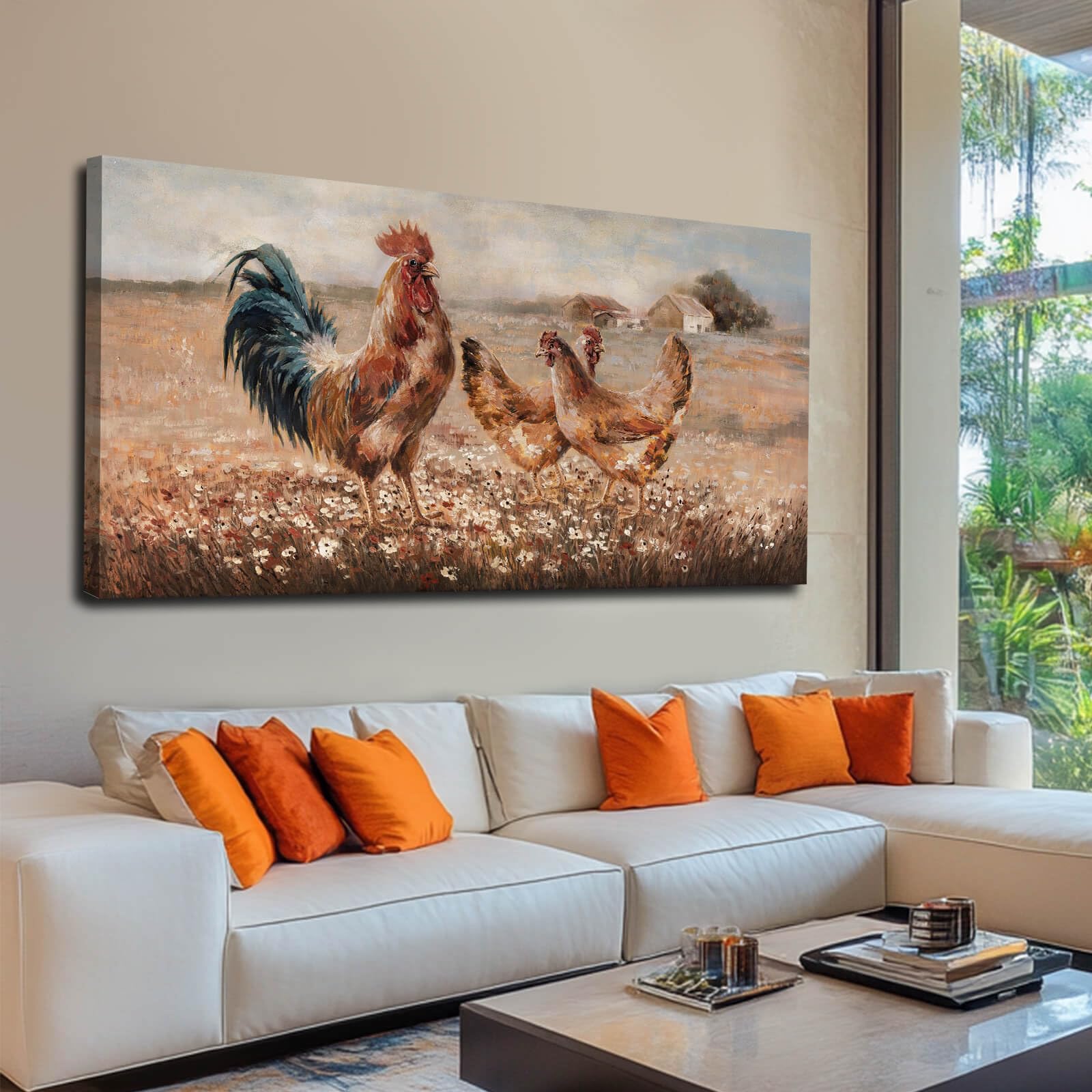 Photo 1 of Chicken Pictures Wall Art Flower Pictures Wall Artwork Brown Wall Decorations for Living Room Dining Room Office 29×58 Inches Ready To Hang