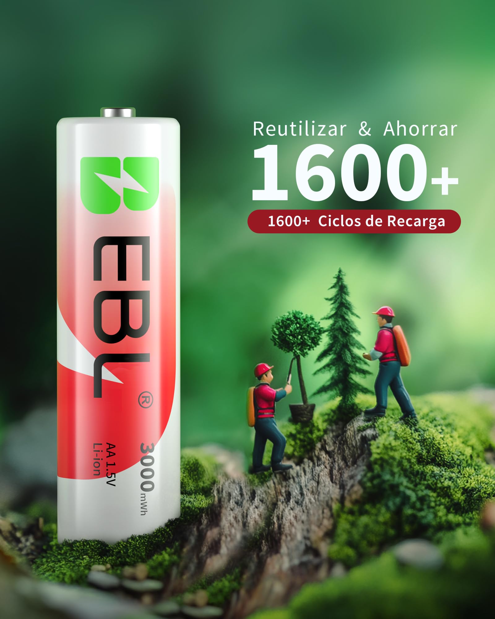 EBL 8 x 3000mWh Pilas Recargables AA 1.5V, Nueva Versión Cargador para 1.2V/1.5V NiMH/Litio AA AAA, 1600Ciclos Larga Duración, 1,5V Batería Litio Constantes para Cámara de Blink/Vigilancia/Caza