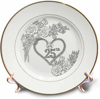 3dRose Silver Heart and White Roses 25Th Anniversary for Wedding Or Business Plate, 8"