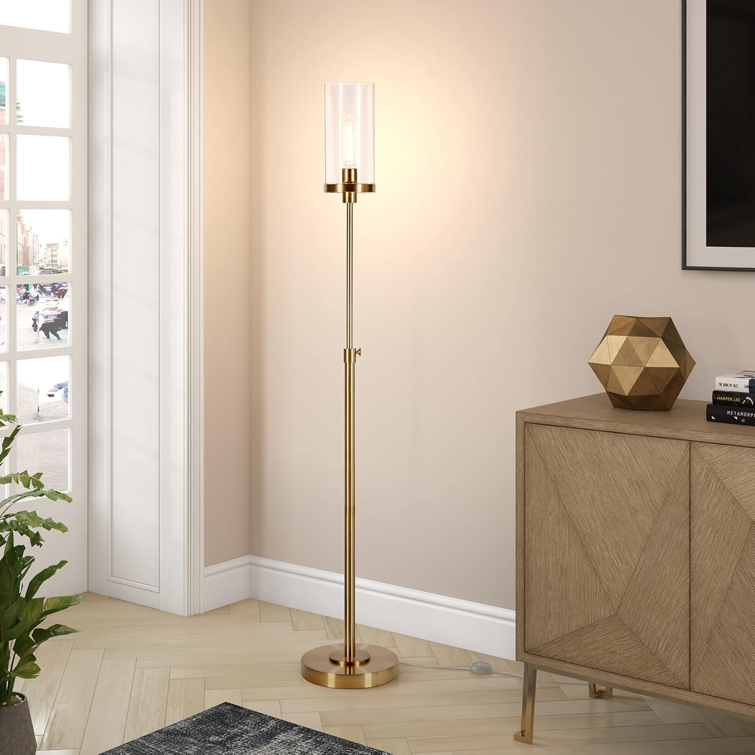 Frieda 26.68" Tall Table Lamp with Glass Shade in Blackened Bronze/Seeded