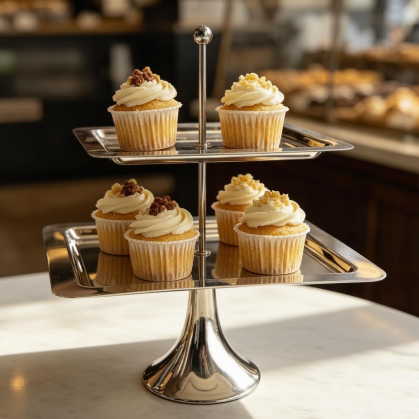 MagiDeal Alzata Dolce Multistrato Espositore Dessert Vassoio Rettangolare Portavivande Supporto a Due Livelli in Acciaio Inossidabile con Bordo Contenitivo, Two-Tier