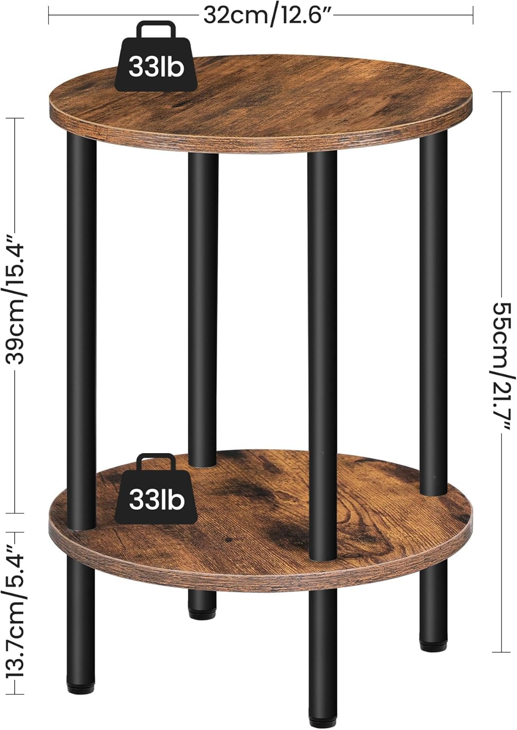 round side table, 2-tier end table, small round nightstand with sturdy metal tube, industrial circular coffee table, for living room, bedroom, rustic brown and black tbz01bf 1 rustic brown + black