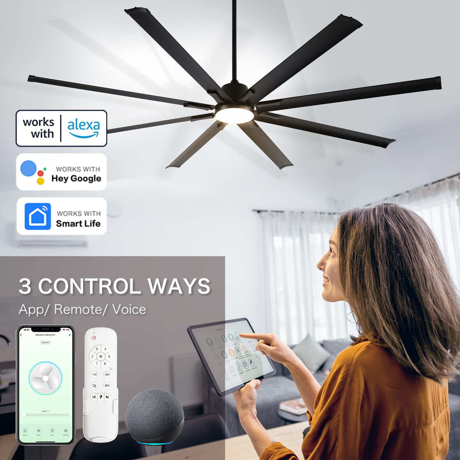 Amazon.co.jp: 84インチ 工業用シーリングファン ライト付き 大型