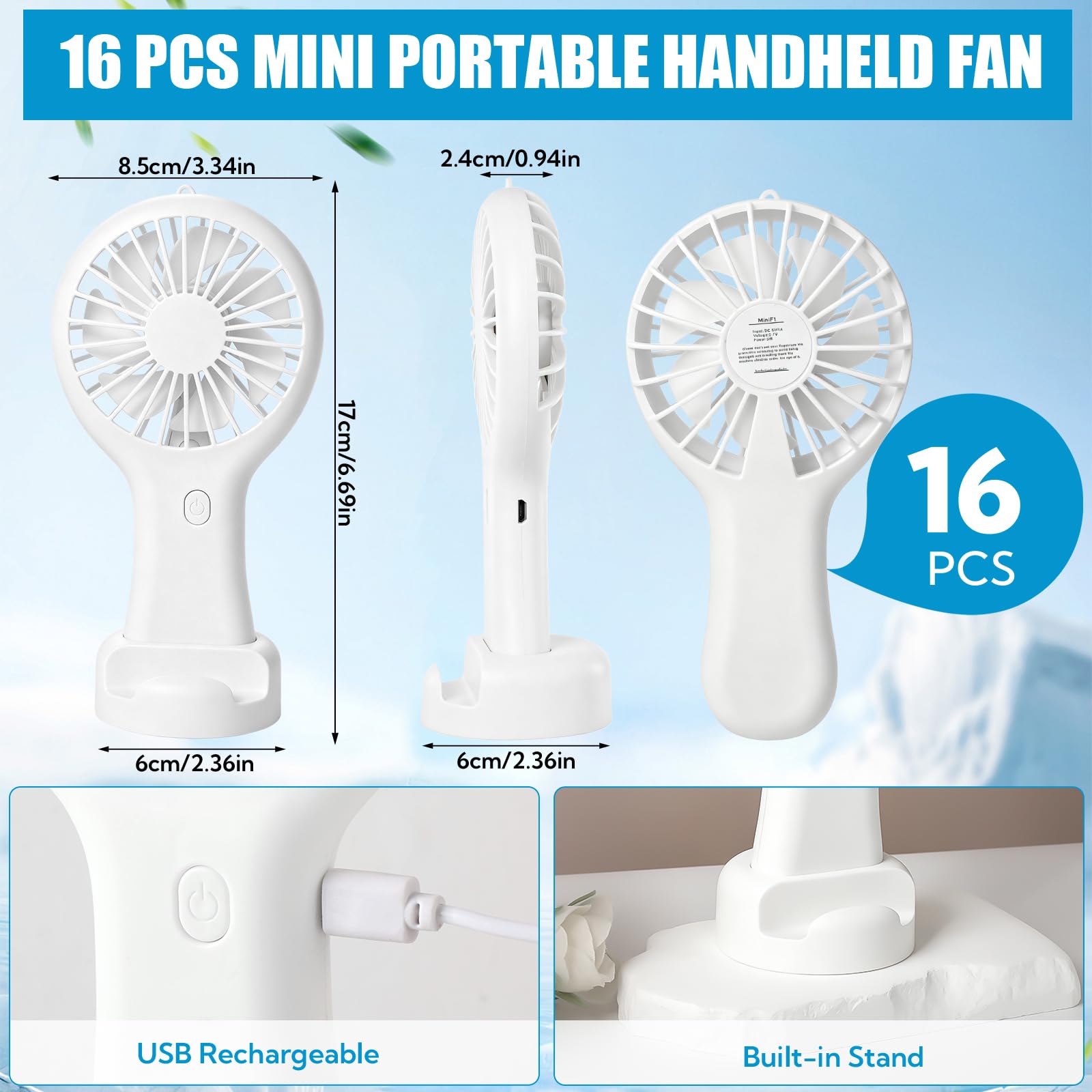 Confezione da 16 mini ventilatori portatili, ricaricabili tramite USB, con supporto da scrivania, funzionamento a batteria a 3 velocità, ventilatore portatile con cavo di ricarica, per matrimoni