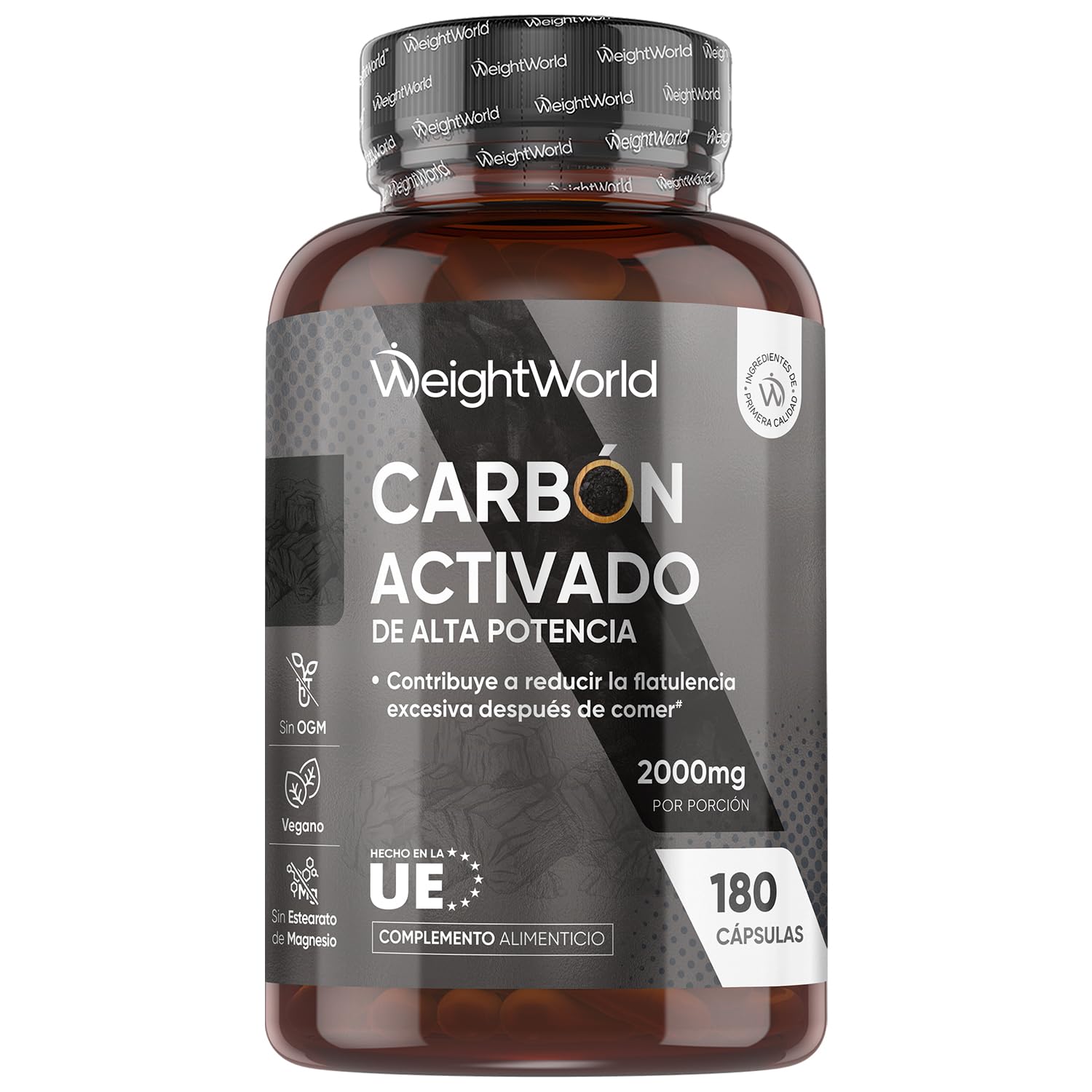 Carbón Activado 2000mg de Potencia 180 Cápsulas Veganas - Ideal para Gases e Hinchazón Adultos, Carbón Vegetal Activado de Origen 100% Natural, Vegano y Sin Estearato de Magnesio
