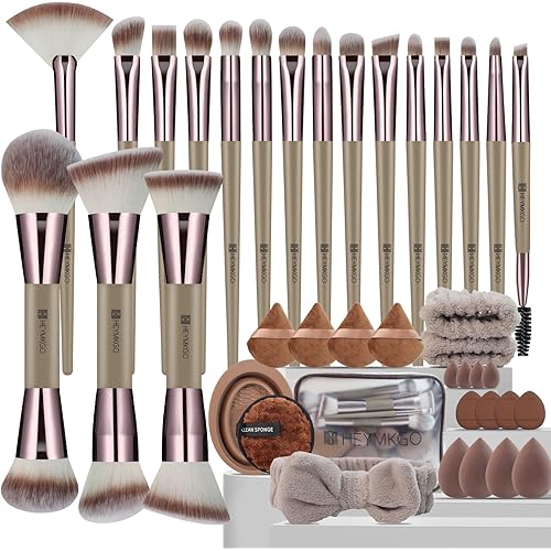HEYMKGO Makeup Brushes, 40Pcs Professional Makeup Brush Set Dual Ended Foundation Blush Concealer Contour Powder Eyeshadow Make up Tools with Sponges Puffs Clear Bag for Blending Buffing Highlighting
