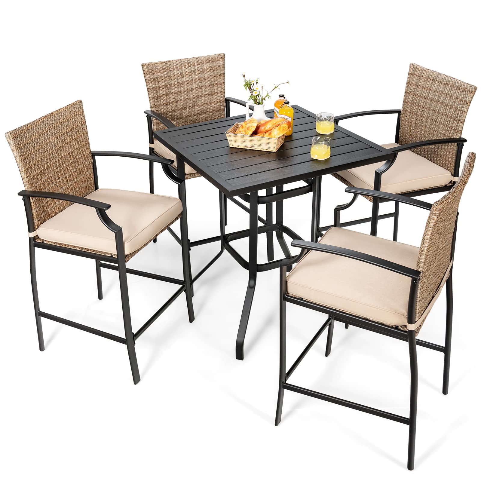 COSTWAY 5 Pieces Metal Patio Dining Set, 81cm Square Garden Table with 4 Rattan Armchairs and Removable Cushions, Outdoor Wicker Conversation Furniture Set for Balcony Yard Poolside