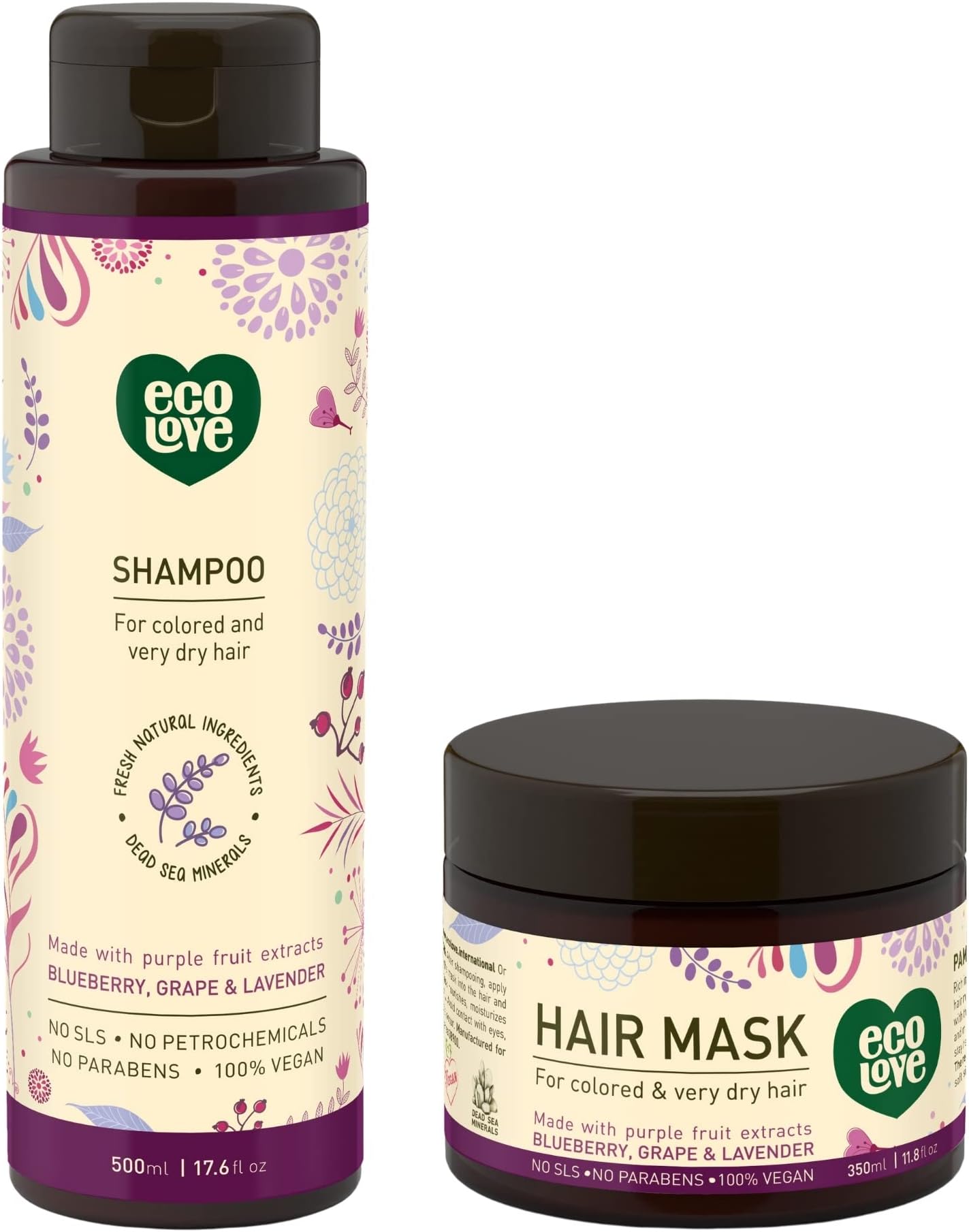 ecoLove Hair Mask for Dry Damaged Hair & Natural Shampoo for Dry Damaged Hair,Hair Mask for Color Treated Hair, No SLS or Parabens โ with Natural Lavender Extract -Vegan and Cruelty-Free. 11.8 oz