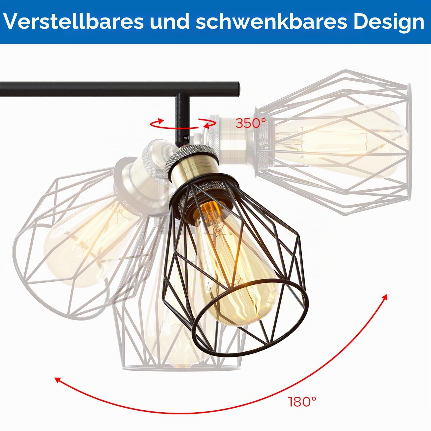 ANWIO LED Deckenstrahler Schwenkbar 350°, Deckenleuchte E27 6 Flammig Deckenlampe Strahler Spots LED Schwarz - Küchenlampe Wohnzimmerlampe Deckenspot Schlafzimmer (Ohne Leuchtmittel)