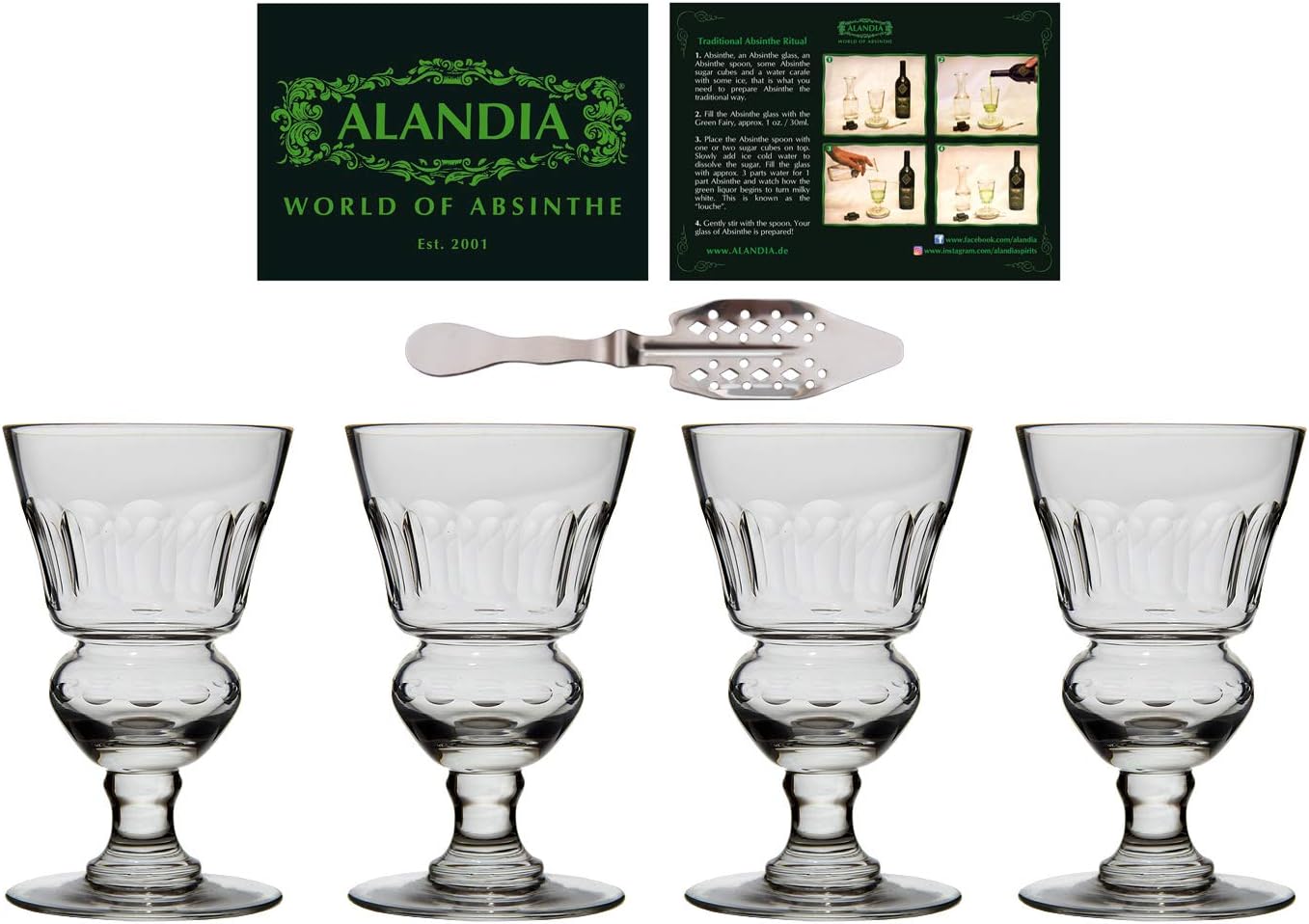 Absinthe Glasses Set of 4 with Reservoir | Authentic reproduction of the 19th century original | 1x traditional Absinthe-Spoon