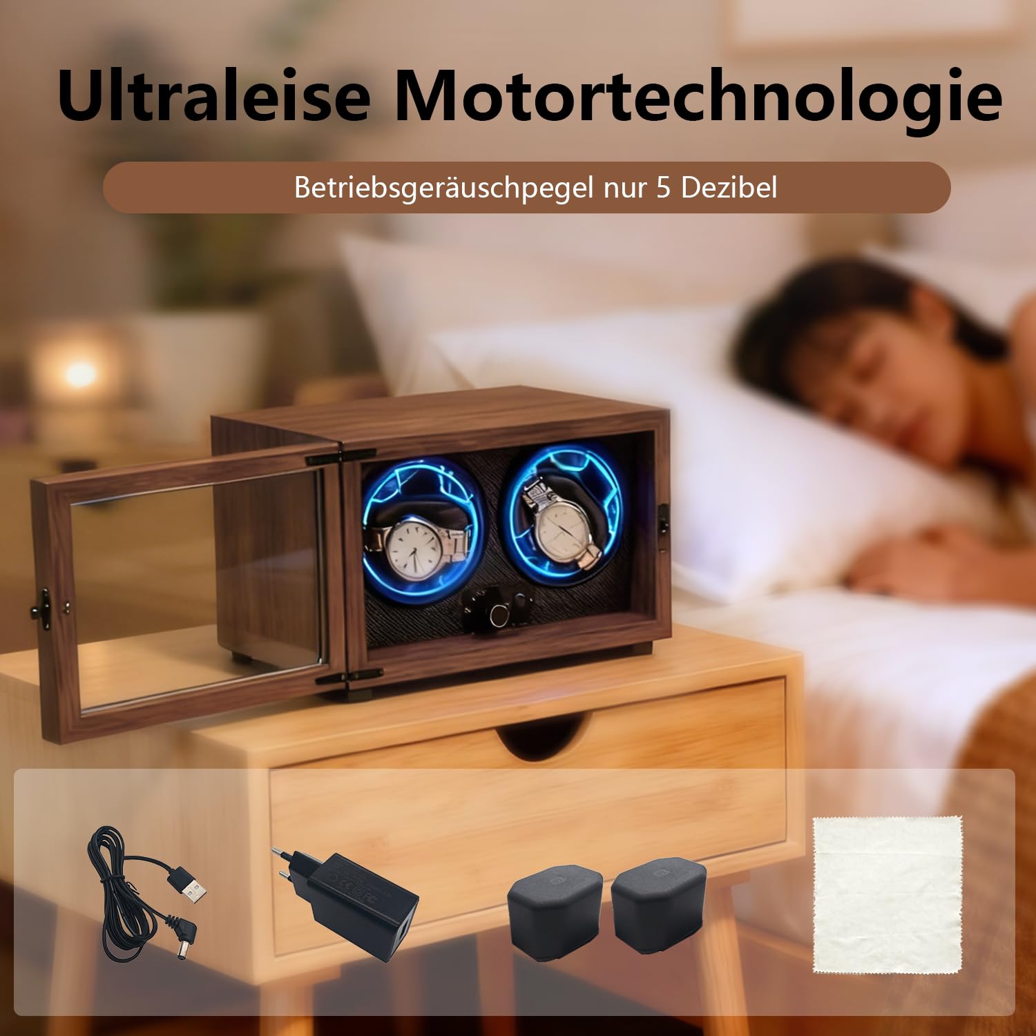 Automatik Uhrenbeweger 2 Uhren, Doppel Uhrenbeweger für Automatikuhren, Watch Winder Box mit 4 Wickelschwingmodi Einstellung und Blau Beleuchtung, Automatische Uhrendreher für Herren und Damen