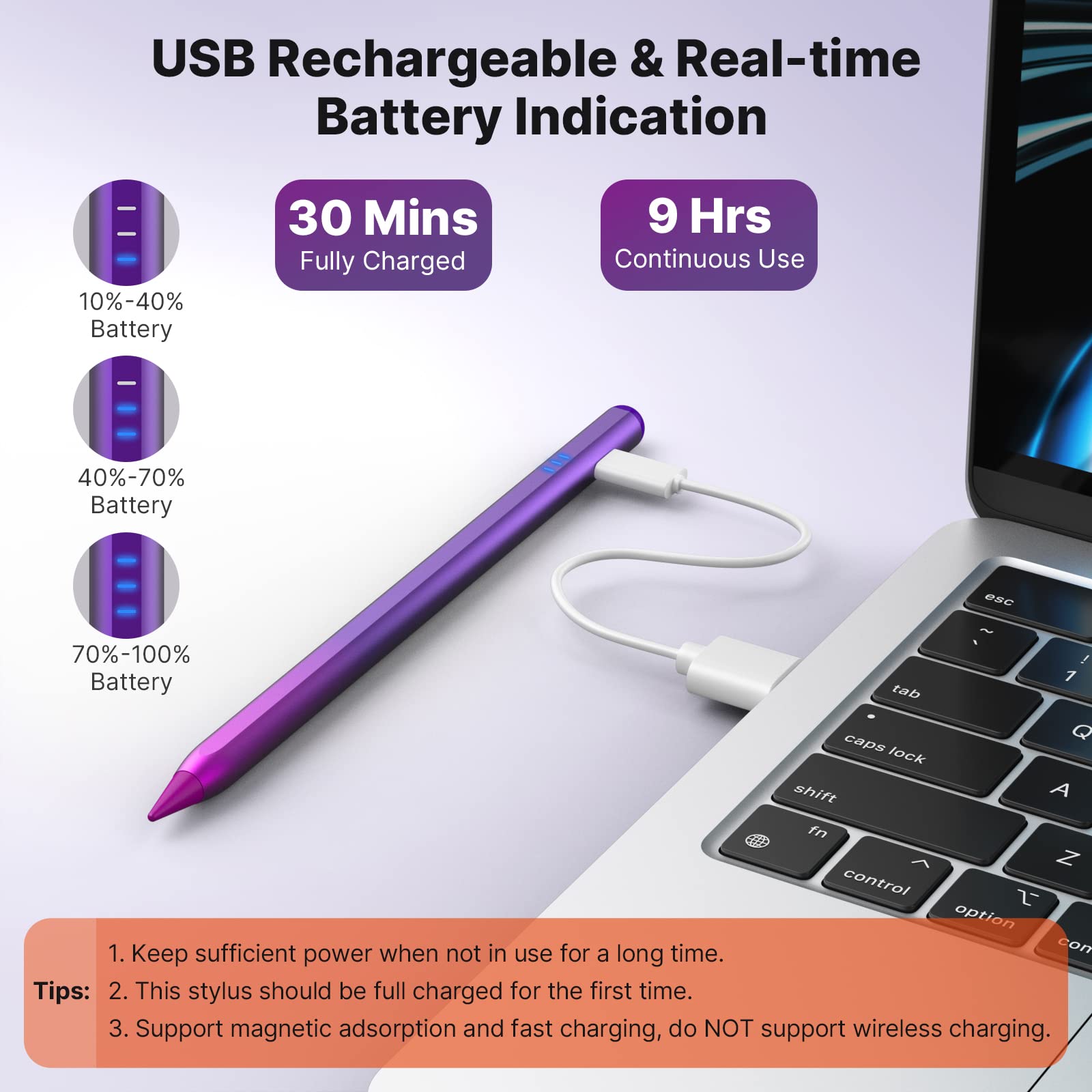 MoKo USB-C Lápiz Óptico para iPad 10/9, iPad Pro 13/11" (M4) 2024, iPad Pro 12,9", iPad Pro 11, iPad 10/9/8/7/6, iPad Air 13/11" (M2) 2024/5/4/3, iPad Mini 6/5, Morado Degradado