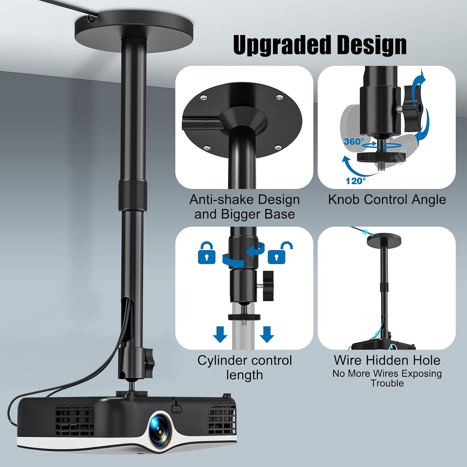 Projector Ceiling Mount, 10.8" - 15" Extendable Length Ceiling Projector Stand with 1/4" Screw, Compatible with TMY, HAPPRUN, Aurzen & Most Device, 360° Rotation & 120° tilt for Ceiling Wall Use
