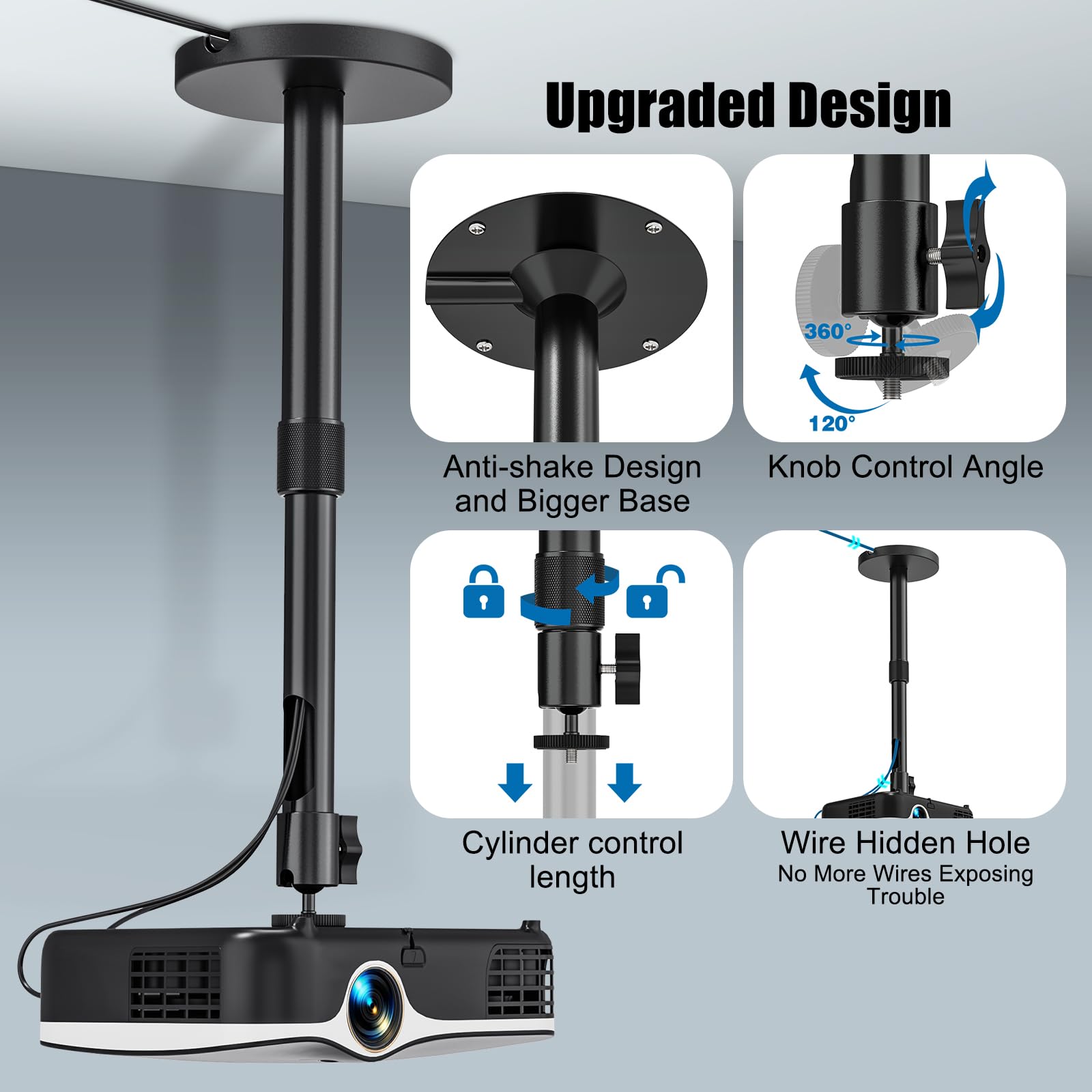 Beamer Ständer, Verstellbare Projektor Decken und Wand Halterung mit 1/4" Gewinde, 27,5-38 cm Verlängerungsstange Beamer Halterung für Heimkino, Spielzimmer, Büro