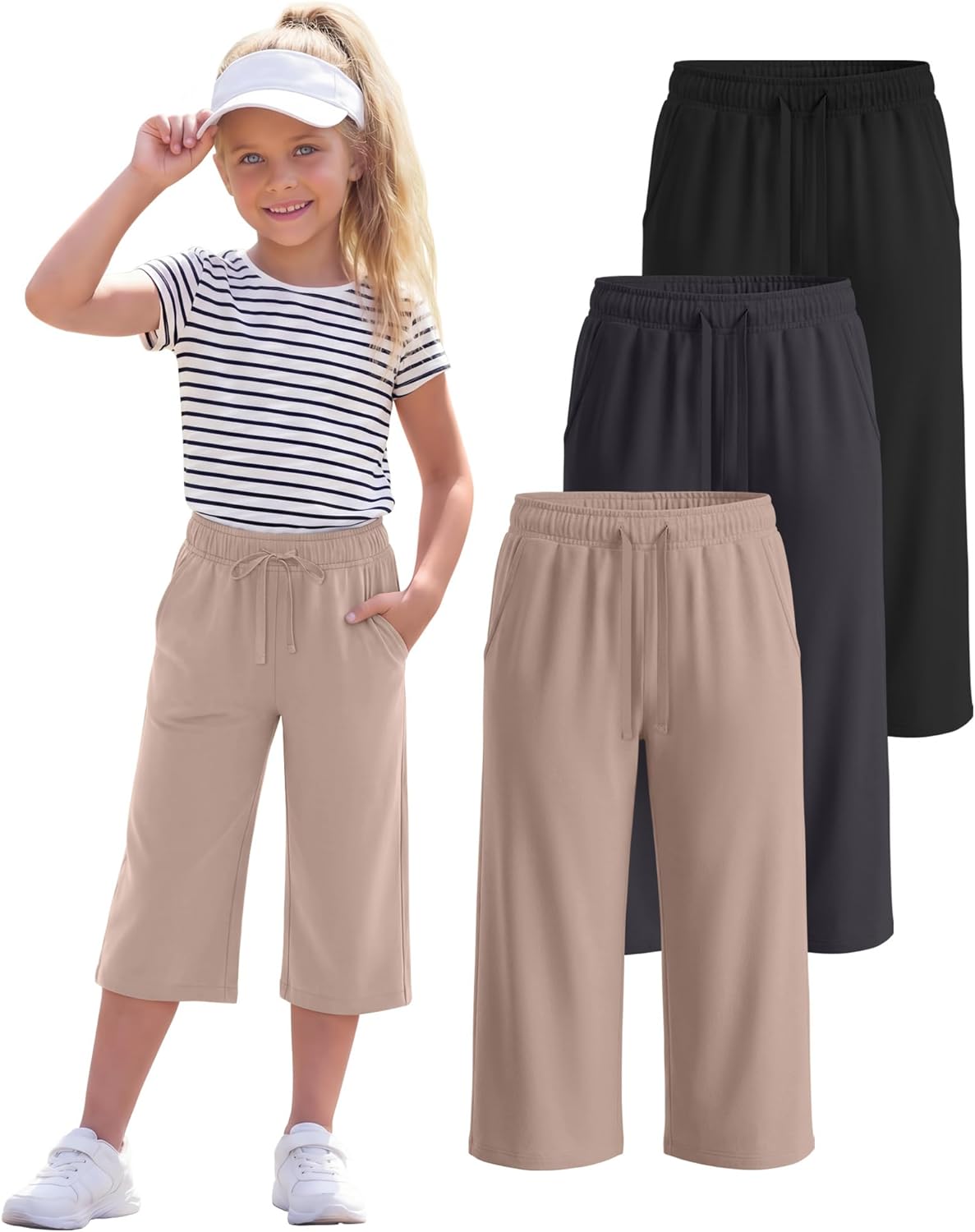 3 Pack Girls' Capri Pants with Pockets Wide Leg Drawstring Capris Summer Kid Loose Straight Cropped Sweatpant 5-14Y