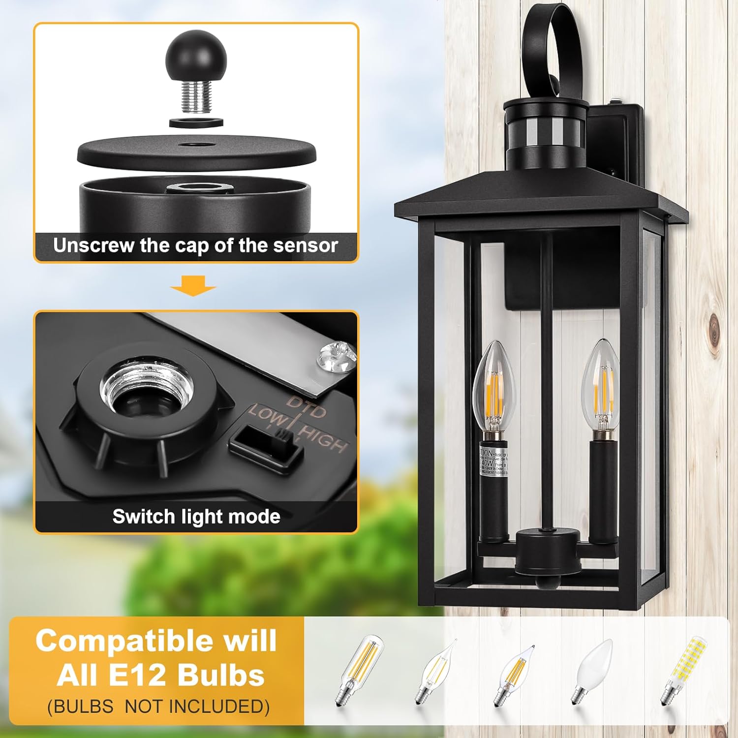 Instructions showing how to unscrew the sensor cap and switch between DTD, Low, and High lighting modes using a small switch inside the sensor.