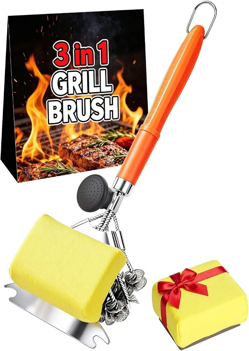 Magnetic 3-in-1 Bristle-Free Grill Brush & Scraper with Power Press Handle & Lock, 18" Detachable BBQ Cleaner for Heavy Duty Grime - Summer BBQ Essential for 2026 - Orange