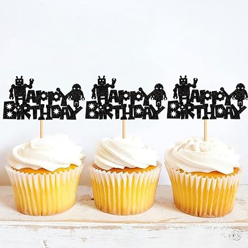 Miniatura 3 de Ercadio Paquete de 24 adornos para cupcakes de feliz cumpleaños, diseño de robot de dibujos animados negros, piezas de robot, decoración de pastel