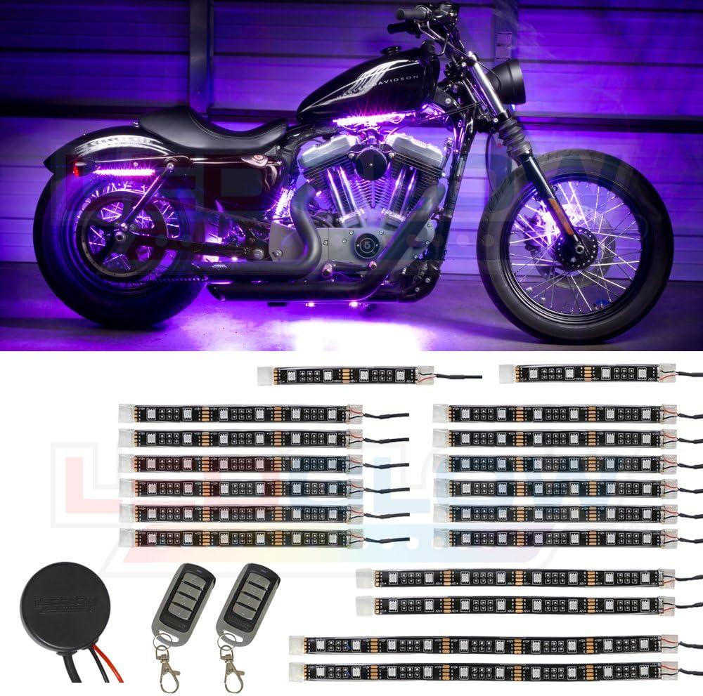LEDGlow 18pc Advanced Purple LED Motorcycle Accent Neon Underglow Lighting Kit - 4 Patterns - 4 Brightness Levels - Flexible Light Strips - Includes Waterproof Control Box & 2 Wireless Remotes