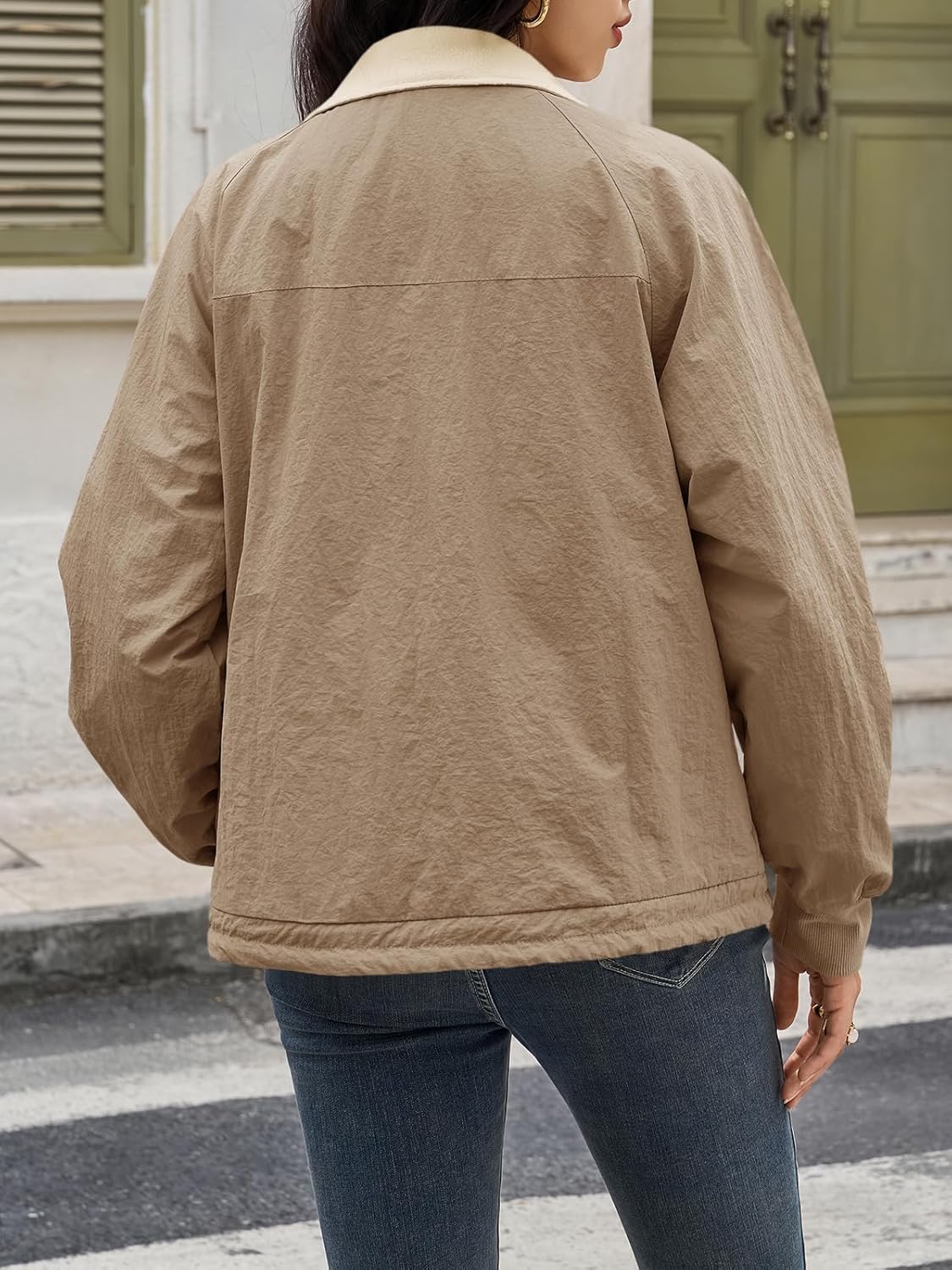 Tankaneo Womens Fleece Lined Cropped Jackets Full Zip Oversized Casual Coats Winter Warm Outerwear Overcoats - Image 5