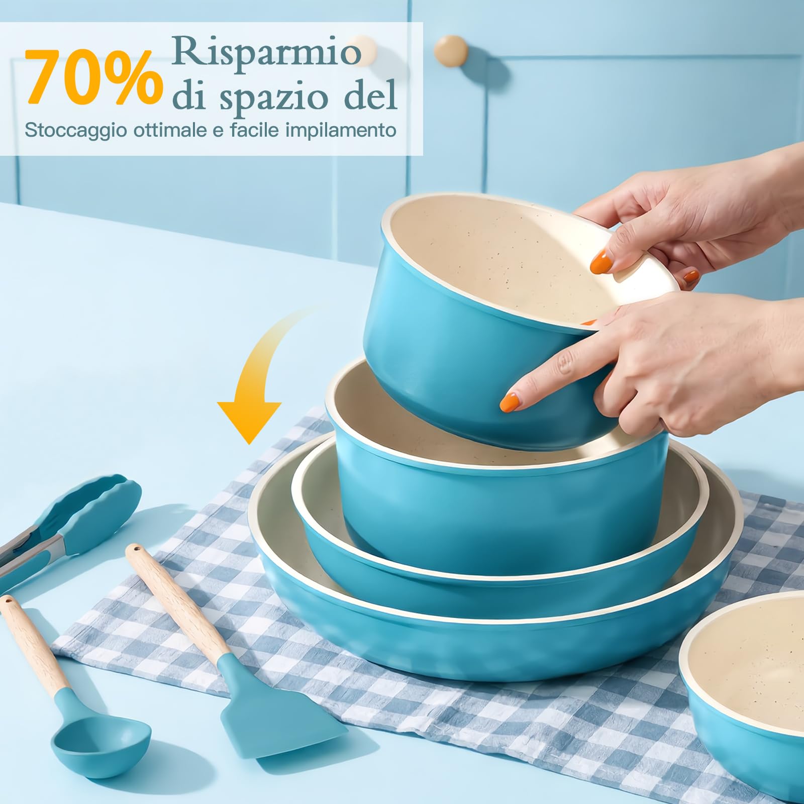 GiPP 21 Pezzi Set di Padelle Antiaderenti con Manici Rimovibili, Blu | Adatta per Induzione,Gas,Ceramica,Elettrico, Alluminio,Cucina Sana per Camper,Senza Tossine, Compatibile Forno/Lavastoviglie